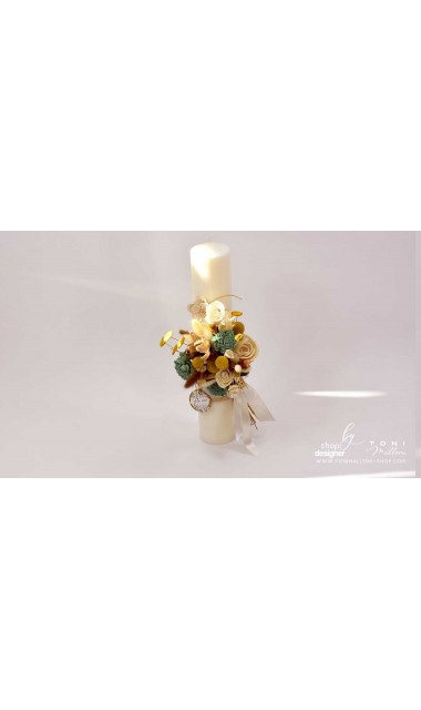 Lumanare botez scurta stalp decorata cu flori uscate si eticheta personalizata 5
